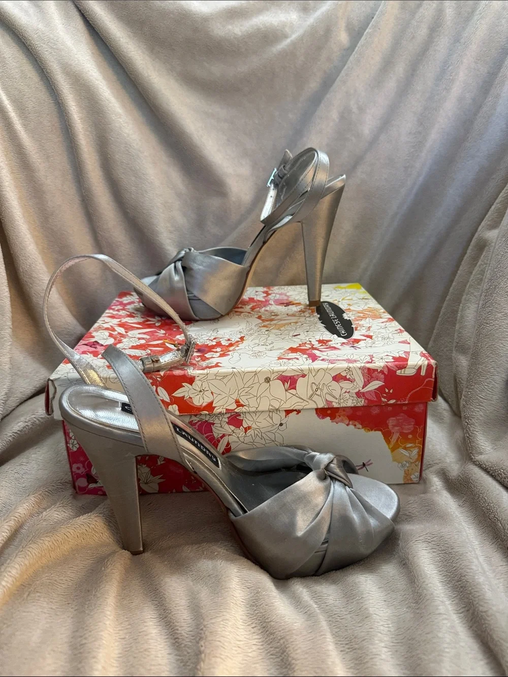 Chinese Laundry Silver Satin Knotted Platform Heels